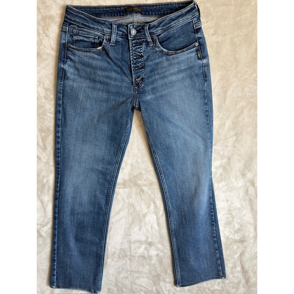 Silver Jeans Co Womens Mid Wash Straight Leg Button Fly Denim Jeans Blue